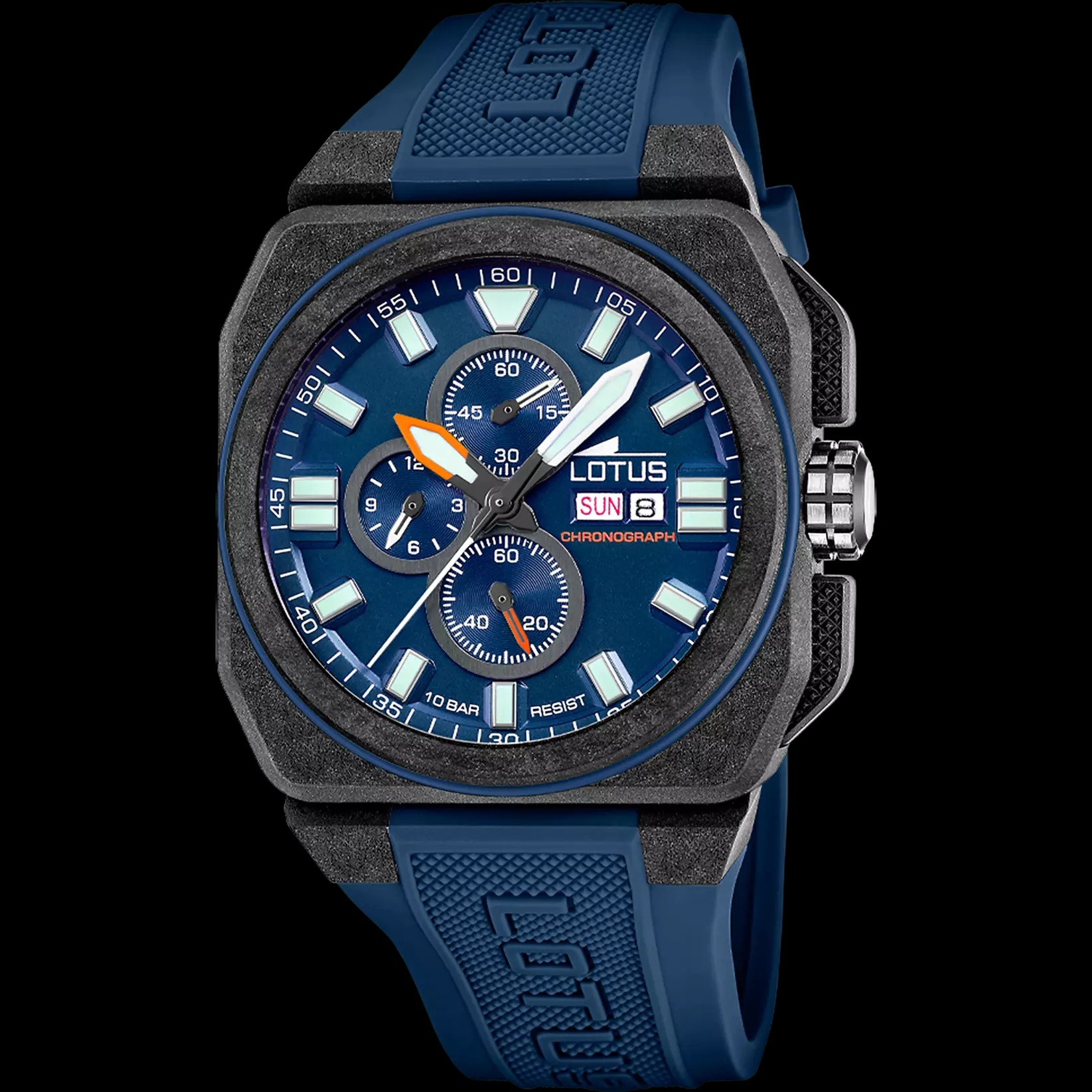 Montre LOTUS CHRONO, cadran bleu fibre de carbone 45.4mm, bracelet caoutchouc bleu