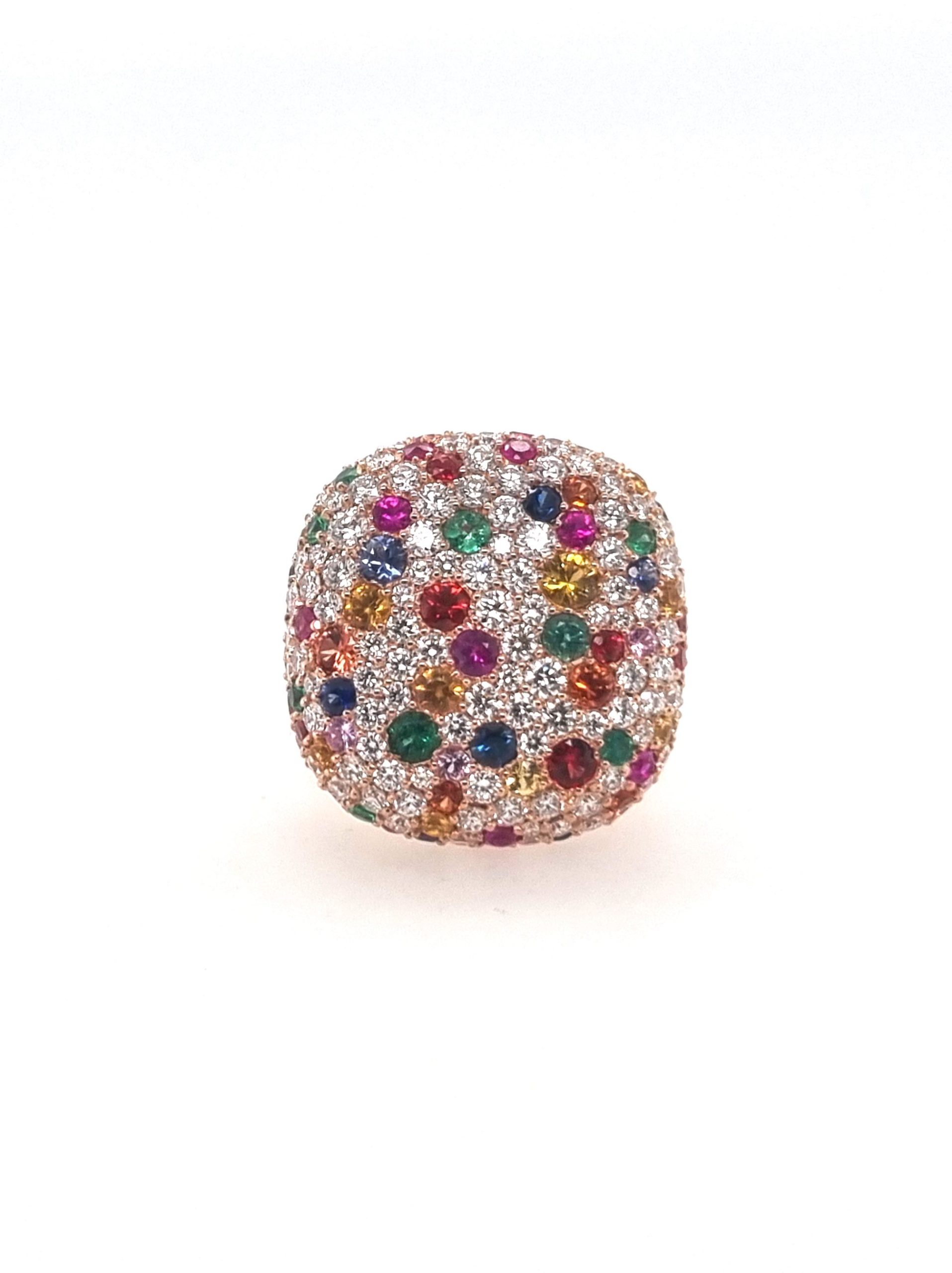 Bague rainbow or rose 18K avec 0.70ct saphir jaune, 0.52ct saphir orange, 0.55ct saphir rouge, 0.44ct saphir rose, 0.58ct saphir bleu, 0.23ct rubis, 0.44ct émeraude et 4.08ct diamants naturels