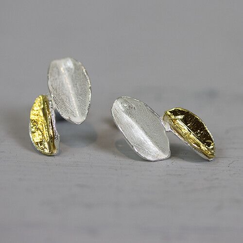 Boucles d'oreilles double feuille argent blanc et plaqué or