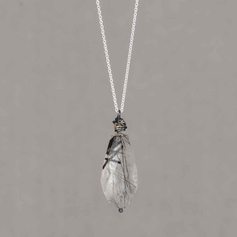Collier 80cm argent 925 et or blanc 9k avec Quartz Rutile Noir