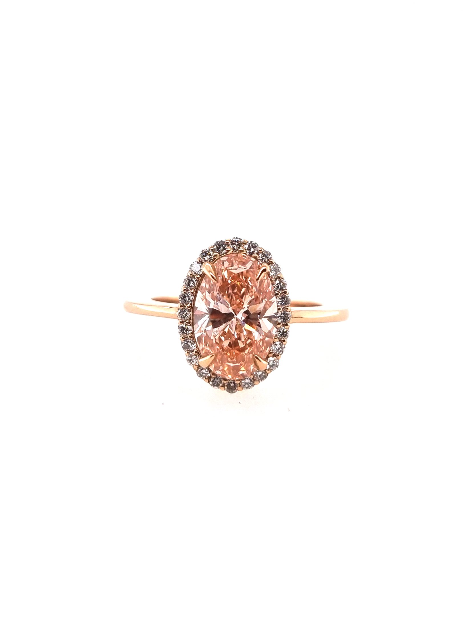 Bague entourage ( Halo ) or rose 18k avec 2.25ct diamant oval fancy vivid pink et 0.224ct diamants écologique LAB GROWN VVS2, diamant laboratoire