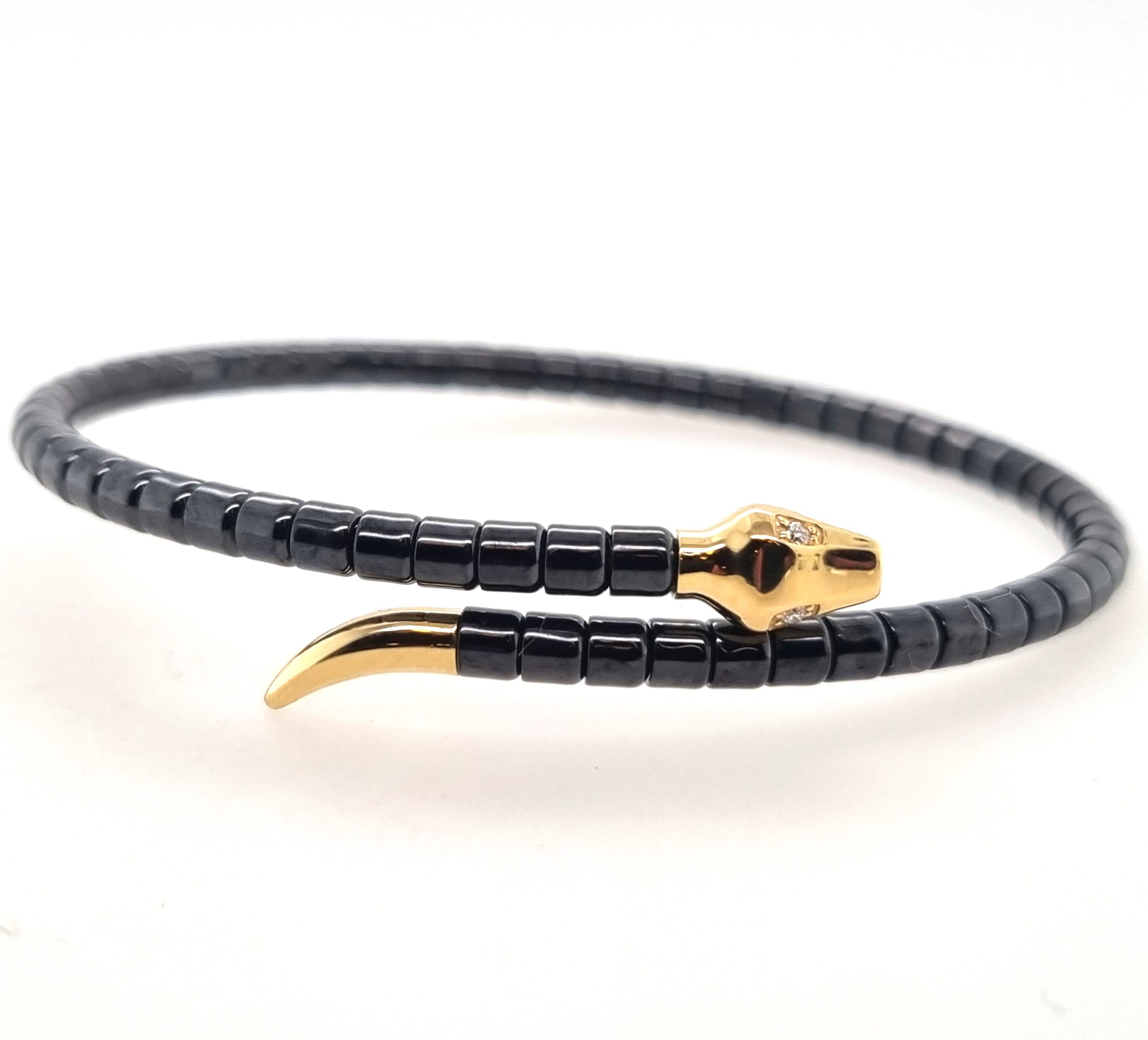 Bracelet Orotech céramique noire polie et or jaune 18K et 0.02ct diamant naturel, forme serpent