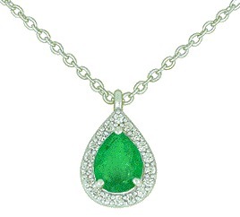 Collier chaîne 45cm or blanc 18K avec 0.35ct émeraude et 0.09ct diamants naturels