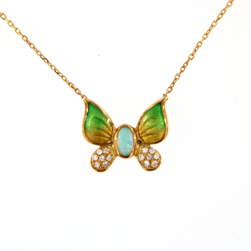 Chaine 40+5cm or jaune 18K avec 0.12ct opal et 0.06ct diamants naturels