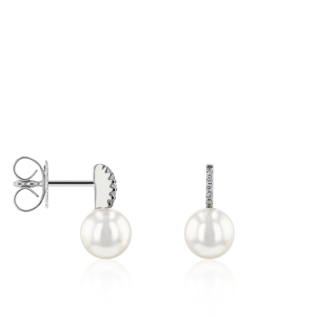 Boucles or blanc 18K avec perles d'eau douce 6-6.5 et 0.03 ct diamants naturels
