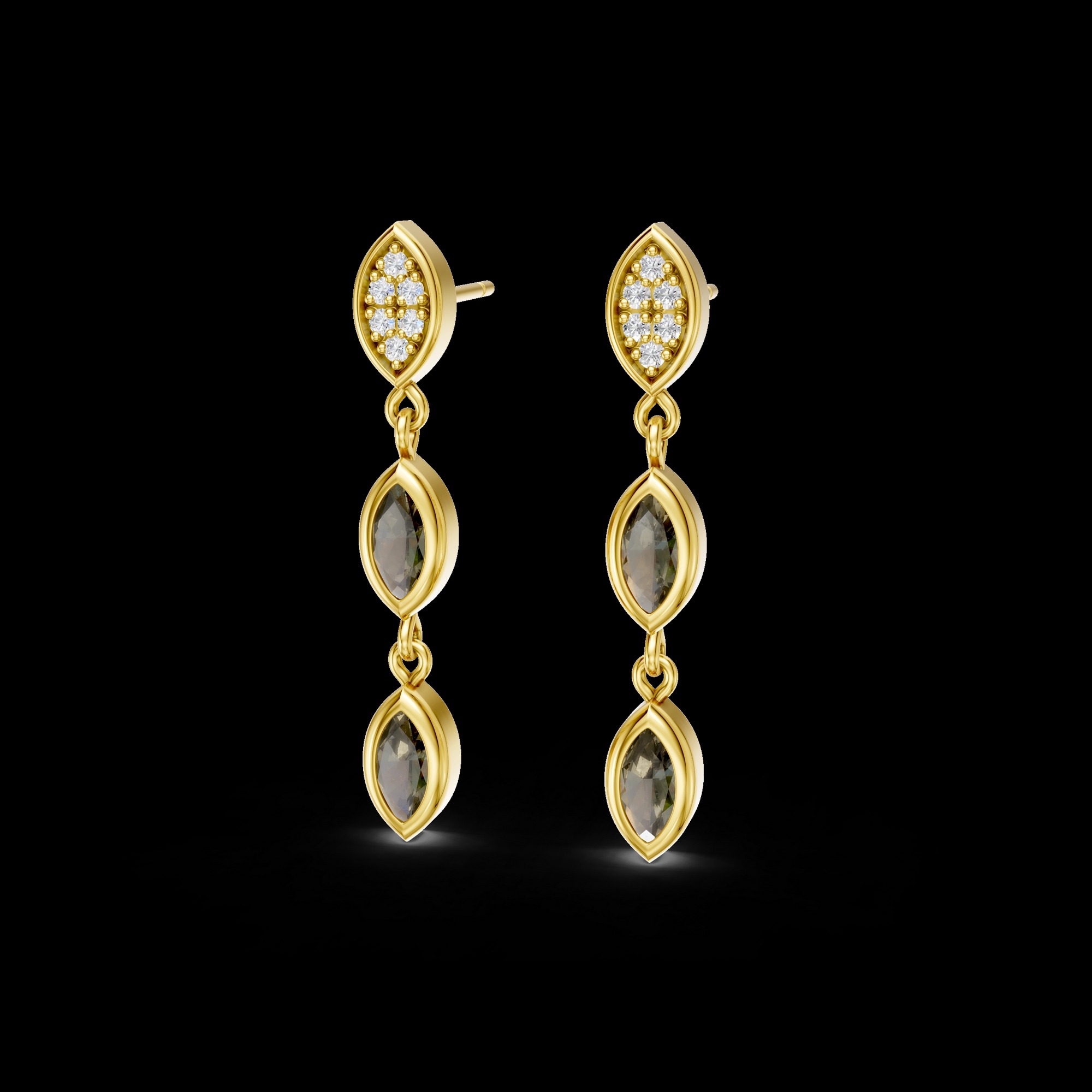 Boucles d'oreilles Mira pendantes argent dorée 925 avec quartz fumé et 0.030ct diamants naturels