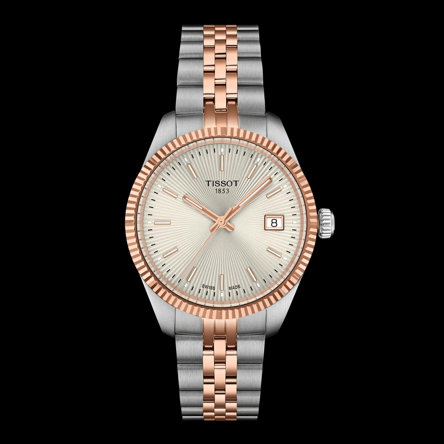 Montre Tissot Ballade, cadran blanc 34mm lunette crantée, en acier inoxydable bi-couleurs