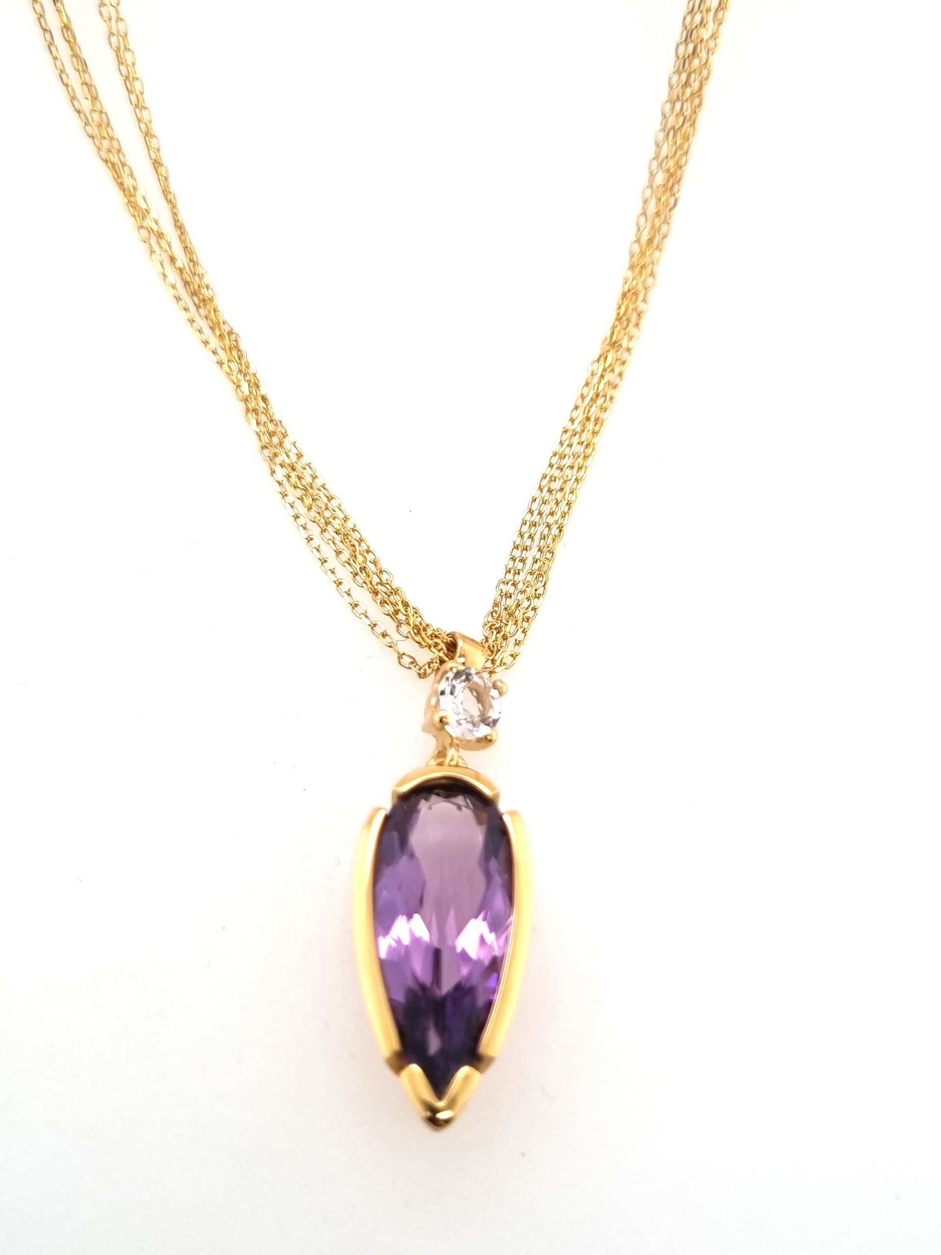 Collier chaîne 42+5cm argent 925 plaqué or jaune avec Améthyste et cristal de roche