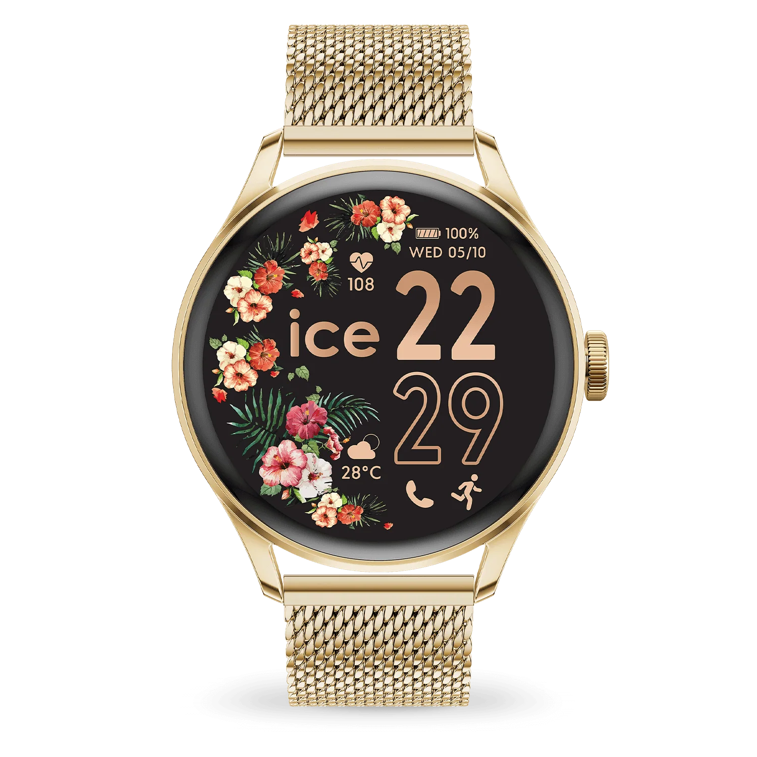 Montre ICE smart 2.0 ronde 1.20 Gold Milanese: un écran amoled performant, des watchs faces variées et colorées, en phase avec les prouesses de la marque, ainsi qu'une pluralité de fonctionnalités qui vous accompagneront dans votre quotidien : de quoi garder votre poignet bien habillé pour chaque moment de vie et chaque saison! Le petit plus! Profitez d'un bracelet en mailles milanaises.