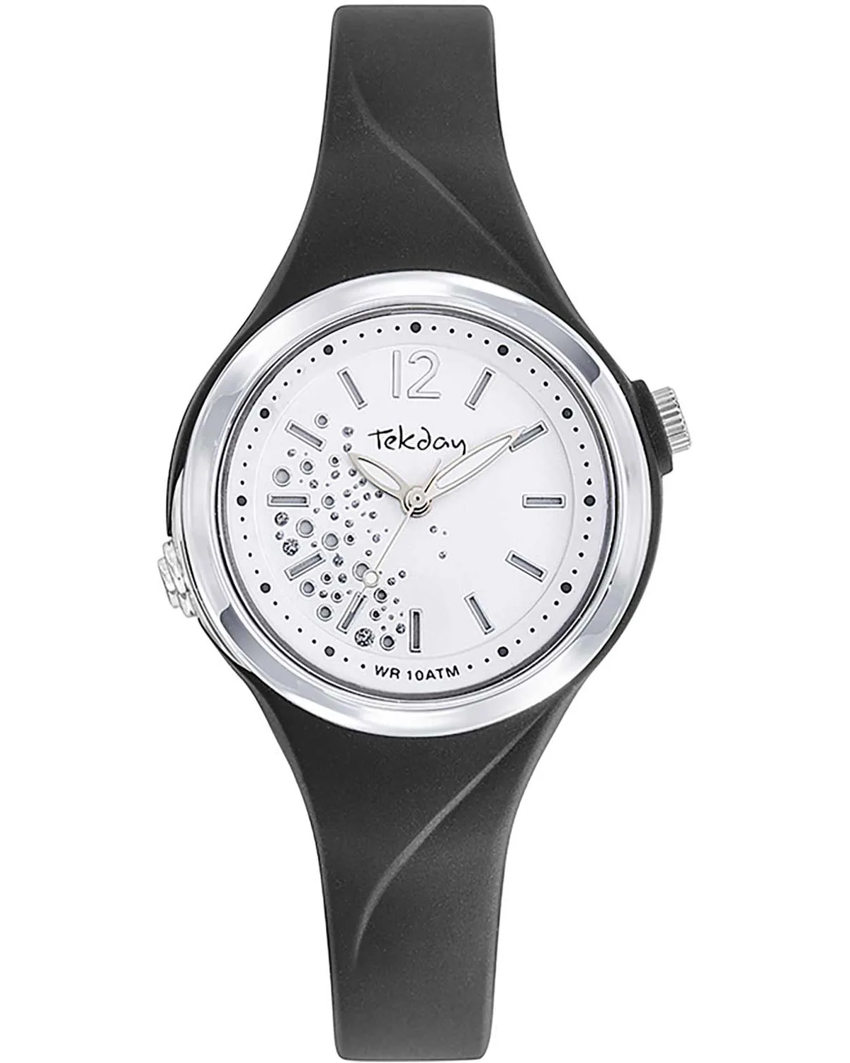 Montre Tekday, quartz, boîtier rond plastique de 3mm avec cadran blanc, bracelet silicone noire. Etanche 100M.
