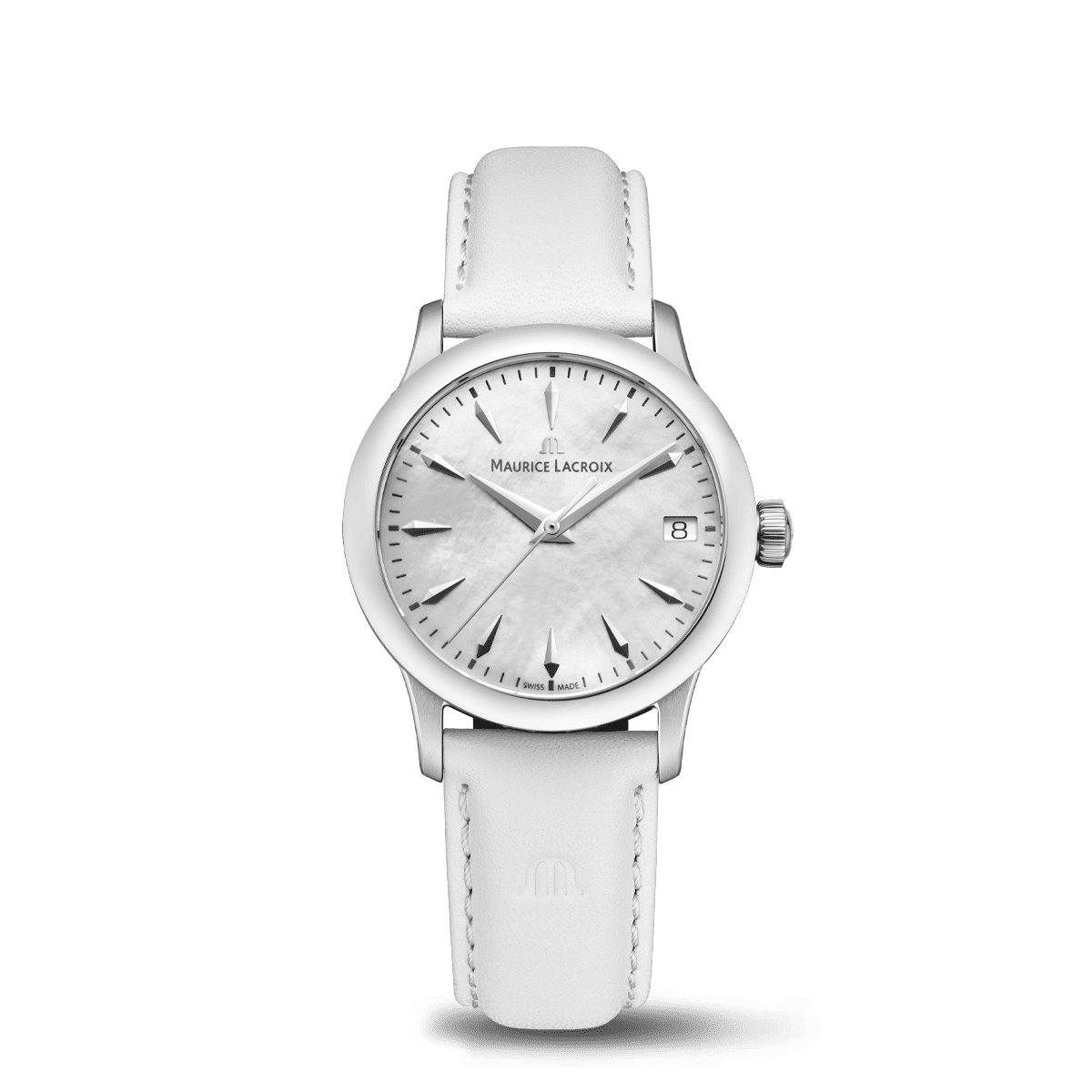 Montre MAURICE LACROIX 1975, quartz, cadran nacre 33mm et bracelet cuir blanc