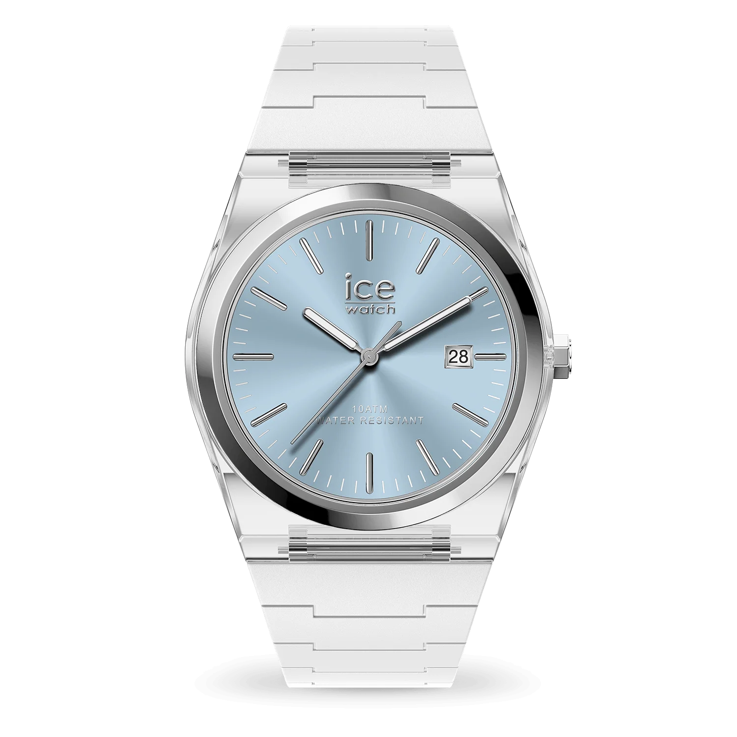 Montre ICE power PW1 Transparent White Bleu, cadran bleu clair et son boîtier transparent 41mm