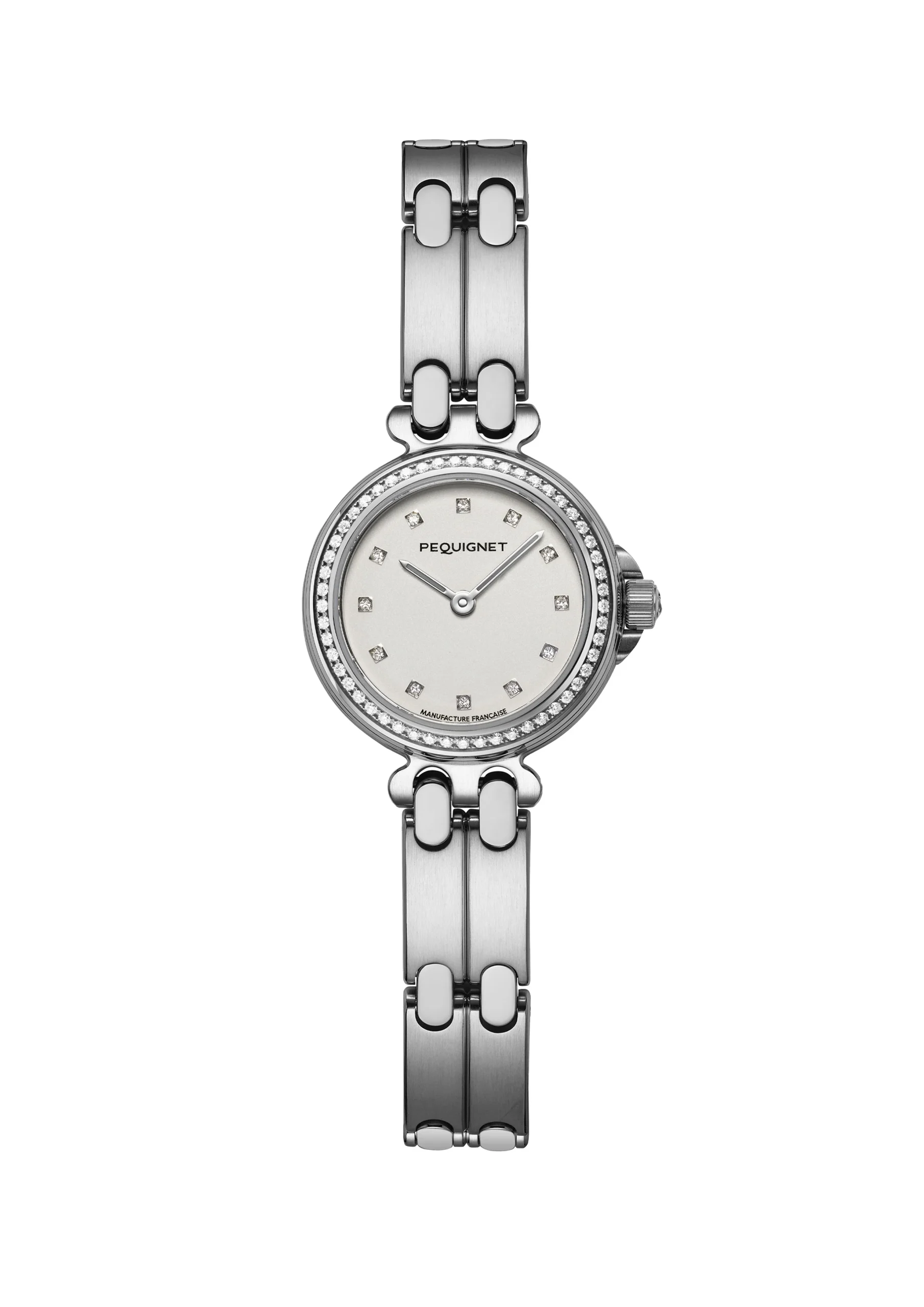 Montre Pequignet Moorea, cadran blanc opalin et index diamants naturels, boîtier 25mm acier et lunette sertie diamants naturels