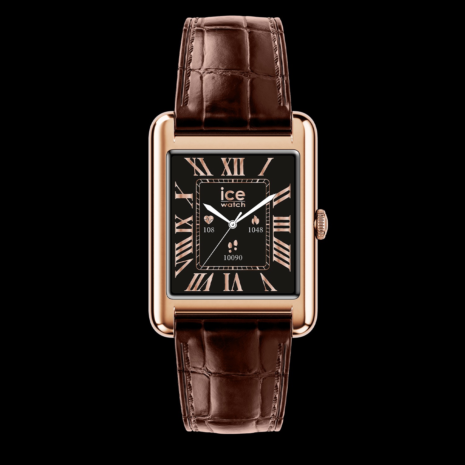 Montre ICE smart TKS 2.0 rectangulaire 1.41 Rose-Gold Brown avec son bracelet en cuir italien brun foncé et son boîtier rosé aux finitions soignées
