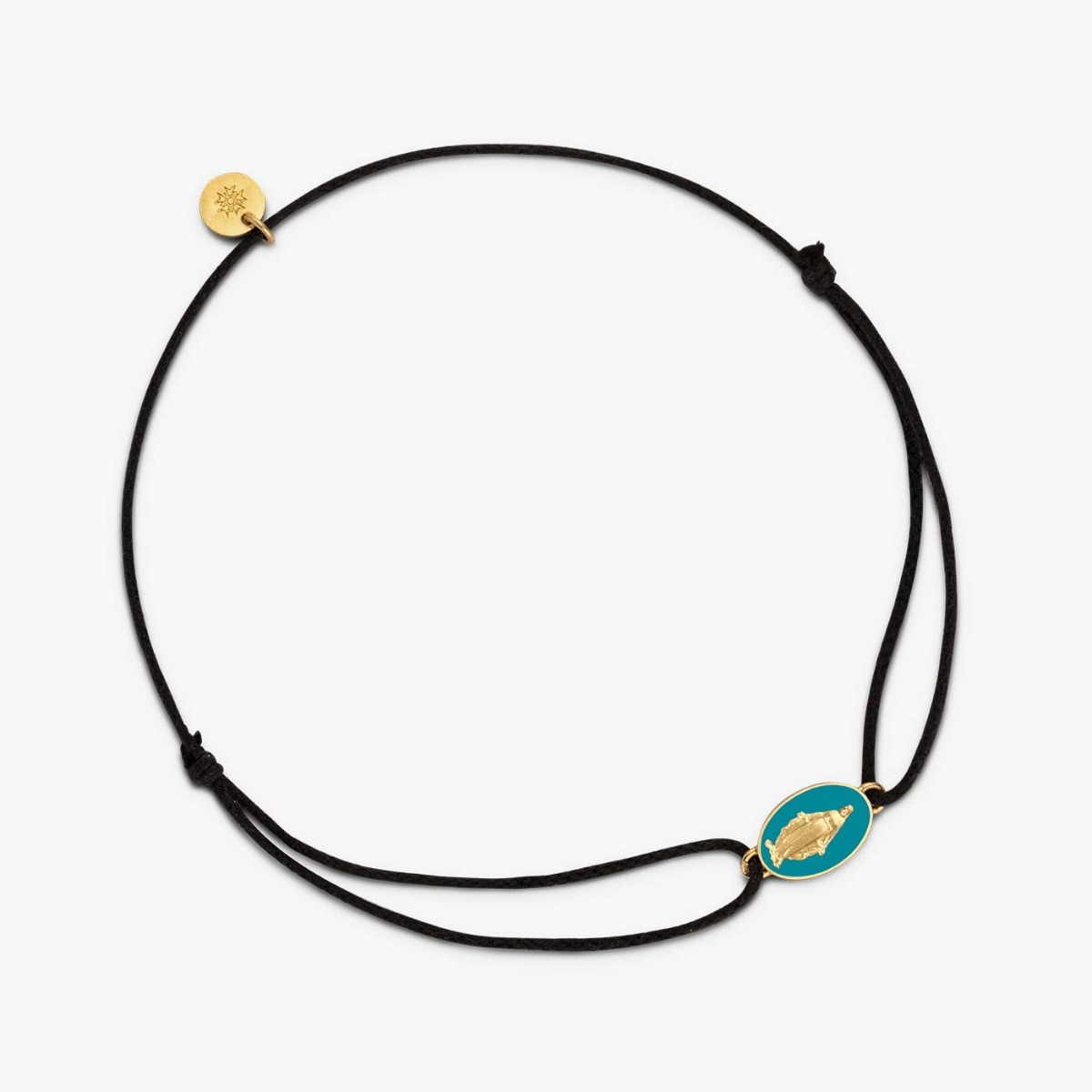 Bracelet cordon noir médaille miraculeuse bleu aqua en or jaune 18K finition satinée de la marque française Arthus Bertrand Paris 1803, éco-responsable