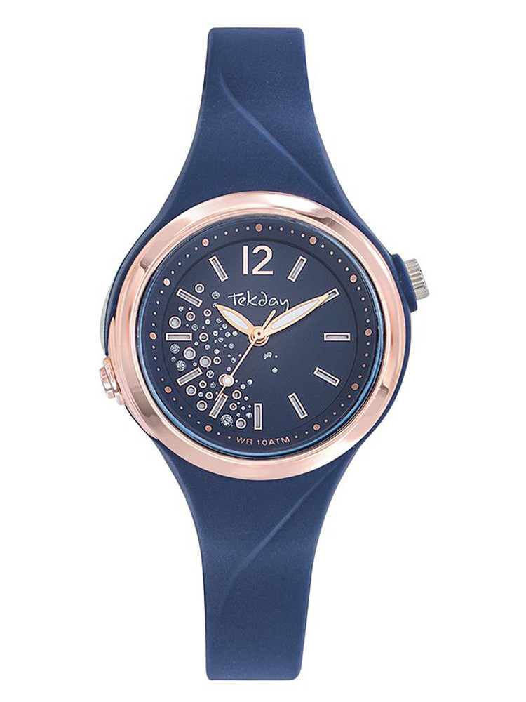 Montre Tekday, boîtier rond résine blanc de 33mm, cadran bleu, bracelet silicone bleu.