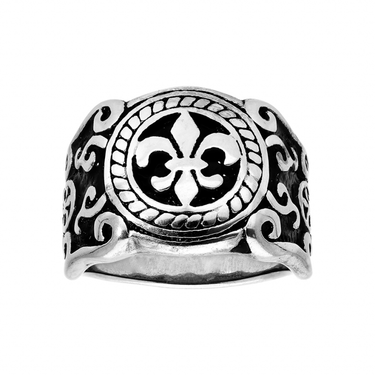 Bague chevalière acier fleur de lys résine noire ( Mesure 62 )