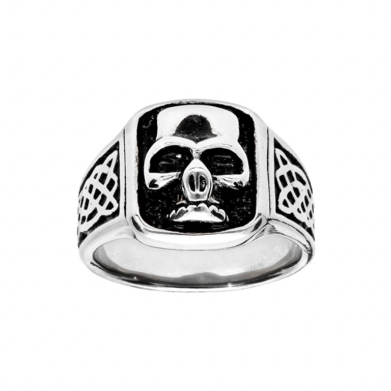 Bague chevalière acier rectangulaire tête de mort résine noire ( Mesure 64 )