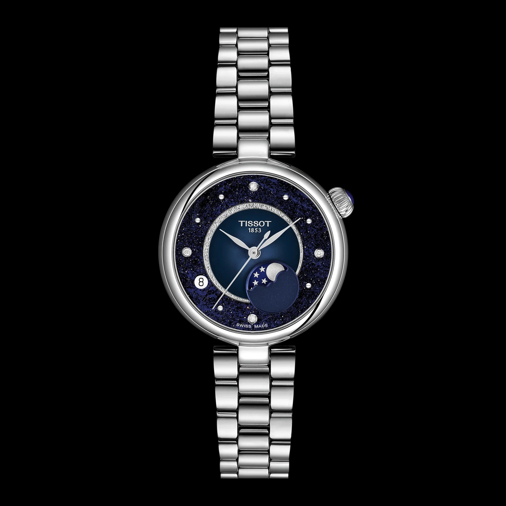 Montre Tissot Desir quartz, boîte en acier 29.6mm cadran bleu serti 0.02ct diamants
