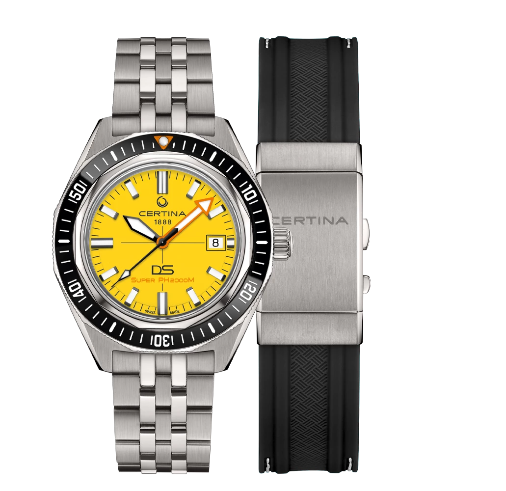 Montre Certina DS SUPER PH2000M automatique avec réserve de marche allant jusqu’à 80 heures. Bracelets en titane et le 2er caoutchouc. Il s’agit du premier modèle PH capable de plonger jusqu’à 2000 mètres de profondeur sous la surface de l’océan.