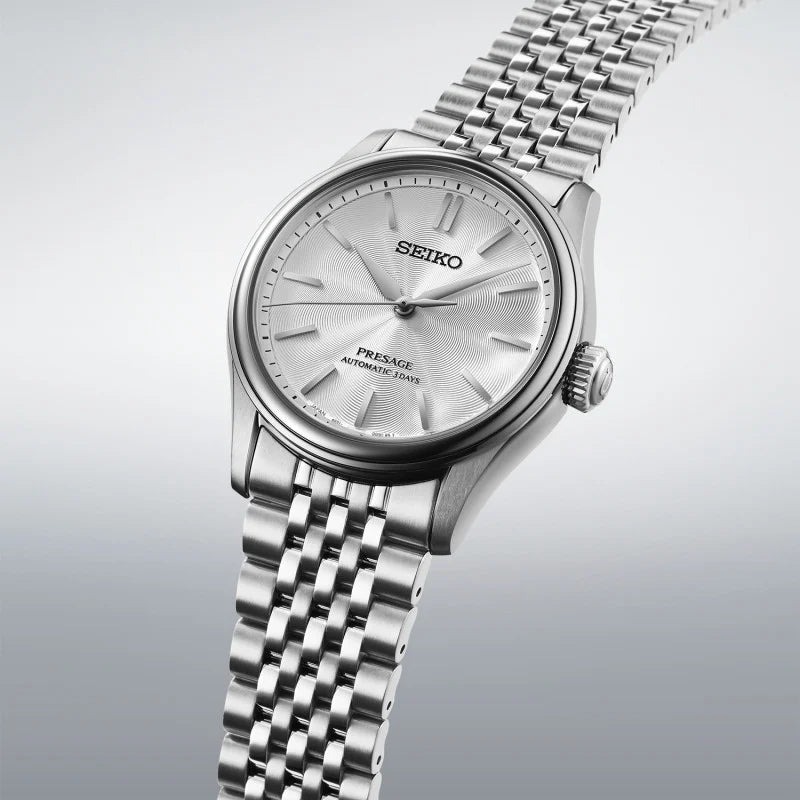 Montre Seiko Presage, automatique avec réserve de marche 72h. Boîtier 38mm en acier, cadran blanc