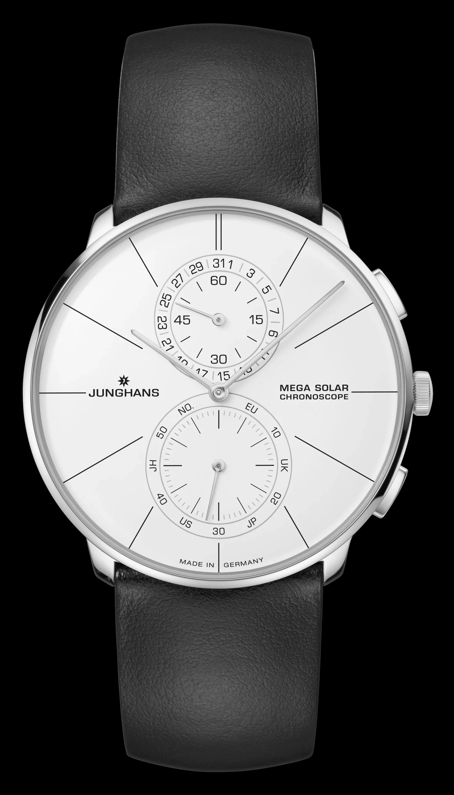 Montre Meister fein Chronoscope MEGA Solaire, cadran blanc 39.5mm, bracelet en cuir noir