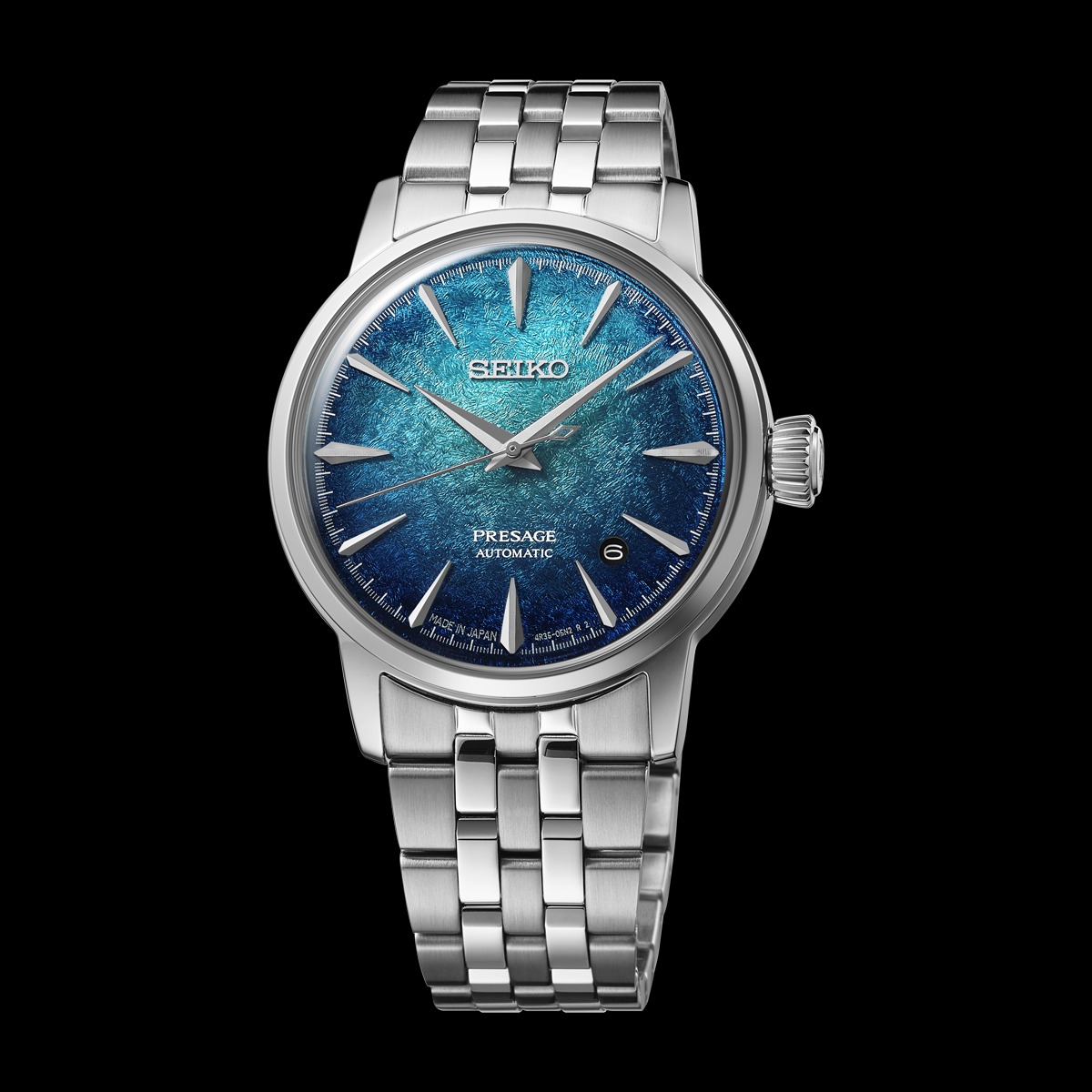 Montre Seiko Presage Cocktail, boîtier 38.5mm cadran bleu, bracelet acier